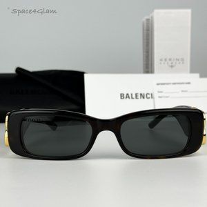 NEW Balenciaga BB0096S 002 Havana Gold Logo Green Rectangle Unisex Sunglasses